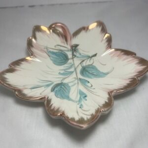 Vintage Italian Leaf Dish Hand Painted Blue & Pink with Gold Trim  Made in Italy